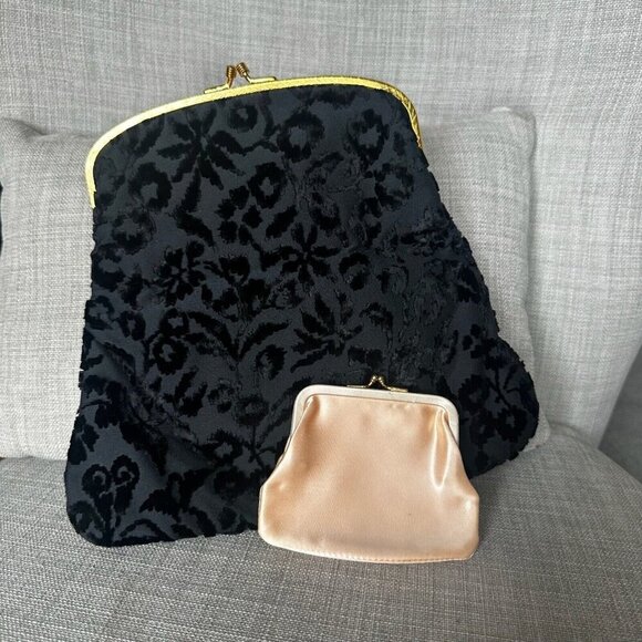 Vintage Coblentz Black Floral Clutch Velvet Burnout Coin Purse Kiss Closure - Picture 2 of 11